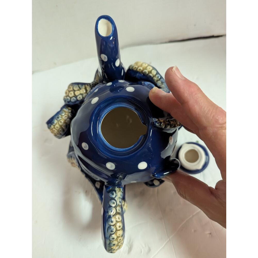 Blue Sky Claywork Blue Octopus Ceramic Teapot Polka Dot Nautical Coastal Novelty - Picture 5 of 8